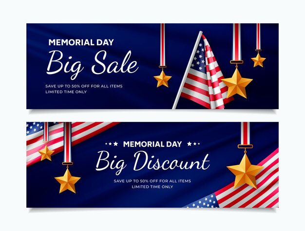 Paquete de banners horizontales de venta de memorial day realista