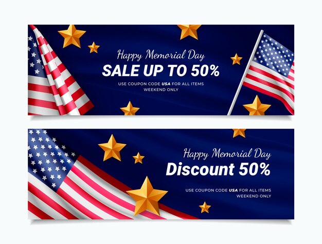 Paquete de banners horizontales de venta de memorial day realista