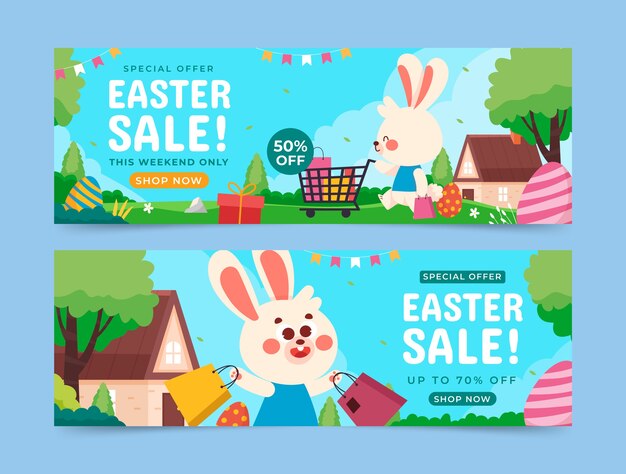 Paquete de banners horizontales de venta de pascua plana
