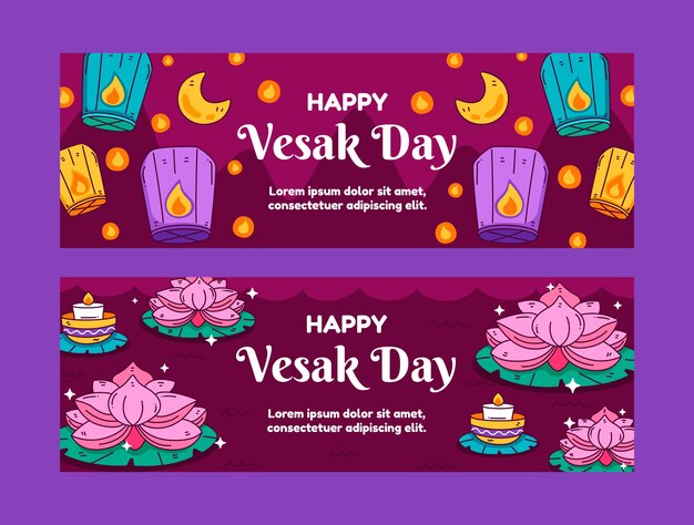 Paquete de banners horizontales vesak dibujados a mano