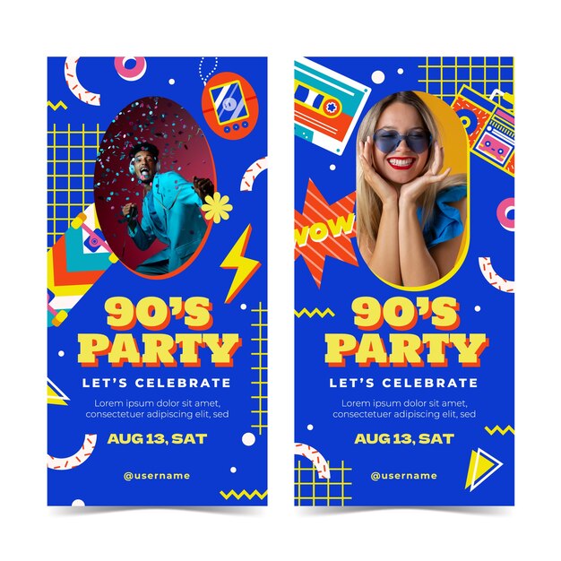 Paquete de banners verticales de fiesta plana retro de los años 90