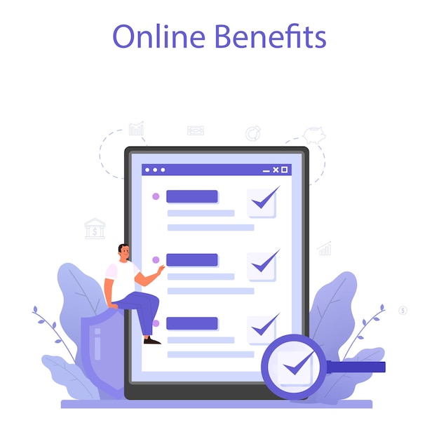 Paquete de beneficios para empleados Servicio o plataforma en línea Compensación que complementa el salario del empleado Beneficios en línea Ilustración de vector plano