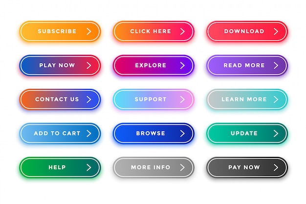 Paquete de botones web coloridos para diferentes propósitos