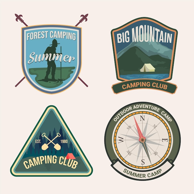 Paquete de camping y aventuras con insignias vintage