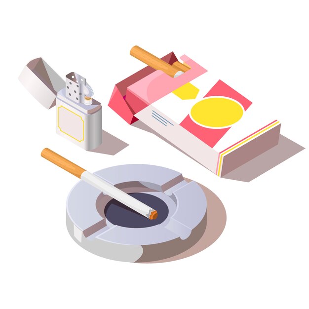 Paquete de cigarrillos, encendedor de gas y cenicero
