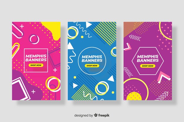 Paquete de coloridas pancartas de ventas estilo memphis