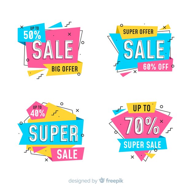 Paquete de coloridos carteles de venta en estilo memphis