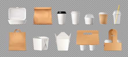Vector gratis paquete de comida rápida transparente con bolsas de papel y cajas y vasos de plástico realistas.