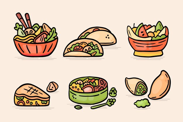 Paquete de comida vegetariana dibujada a mano