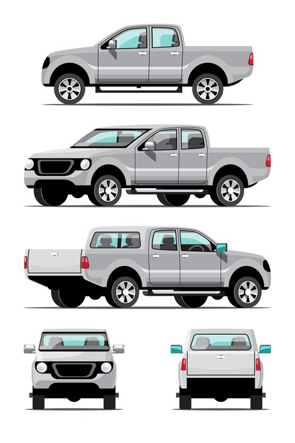 Paquete conjunto de camioneta pickup de color gris, vista lateral, frontal y posterior. Sobre fondo blanco.