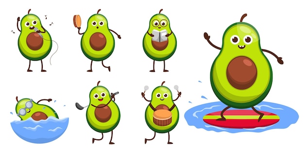 Paquete conjunto de frutas en personaje de mascota de dibujos animados, aguacate lindo en diferentes actividades y equipos, ilustración de diseño plano