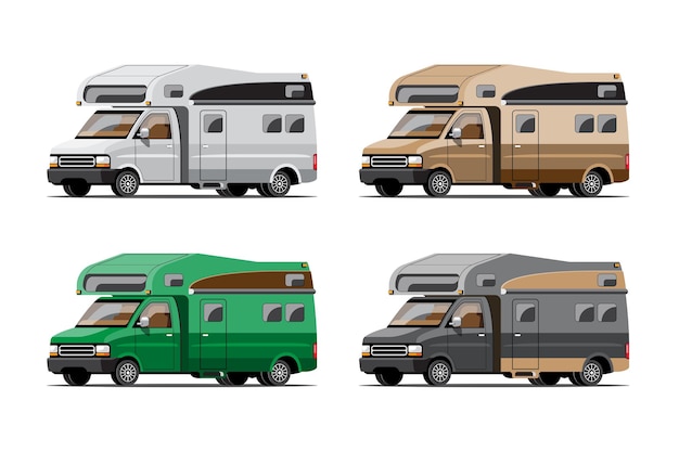 Paquete conjunto de remolques de camping, casas móviles de viaje o caravanas sobre fondo blanco, ilustración plana