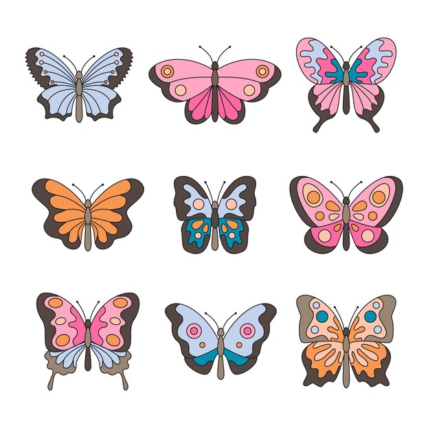 Paquete de contorno lineal de mariposa plana