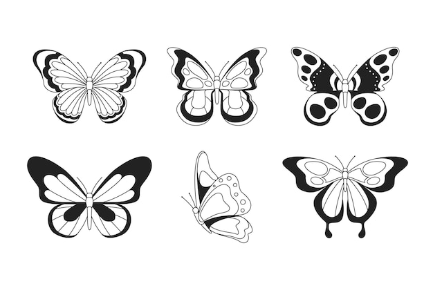 Vector gratuito paquete de contorno lineal de mariposa plana