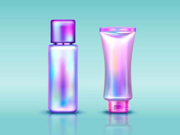 Vector gratuito paquete de cosméticos holográficos, tubo y botella con crema de manos, maquillaje o productos para el cuidado de la piel.