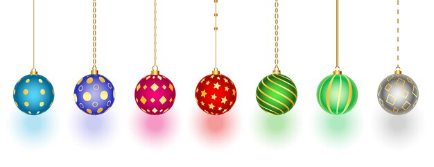 Paquete de diseño de adorno navideño brillante en diferentes colores ilustración vectorial