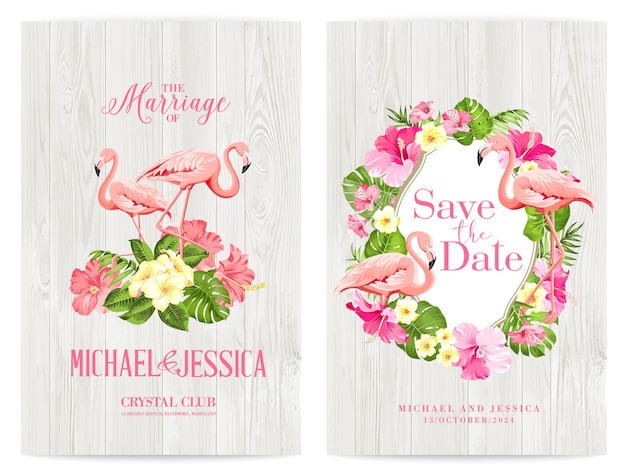 Paquete de diseño de invitación con flores tropicales y flamencos. vector gratuito