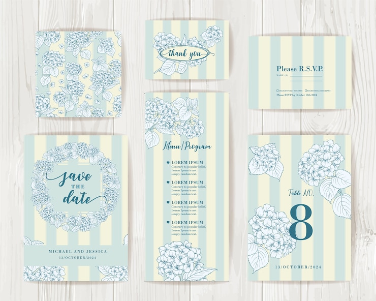 Paquete de diseño de invitación con hortensias. Colección de tarjetas de felicitación.