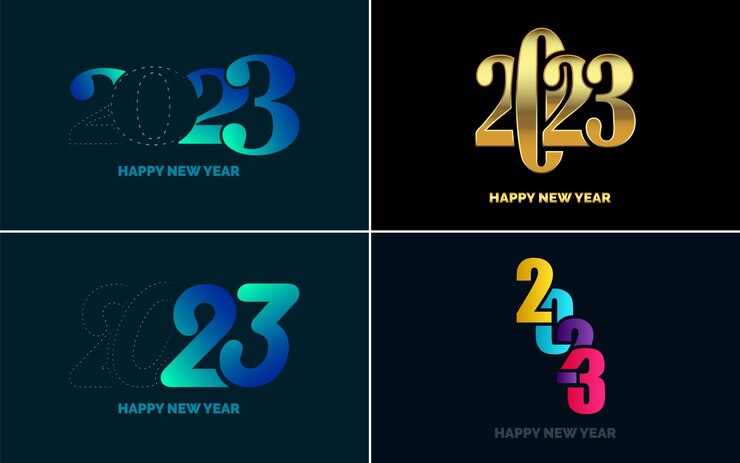 Vector gratuito paquete de diseño de texto happy new year 2023 para banner de tarjeta de plantilla de diseño de folleto