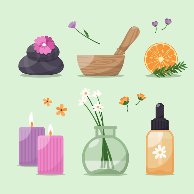 Vector gratuito paquete de elementos de aromaterapia de diseño plano