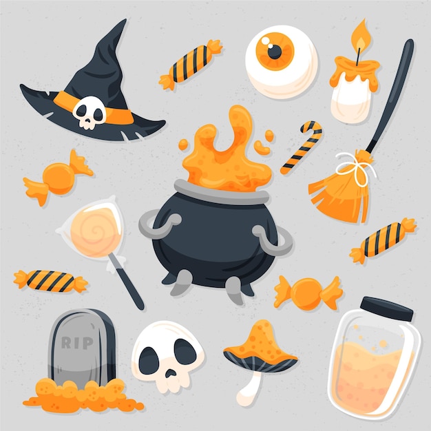 Vector gratuito paquete de elementos de halloween dibujado