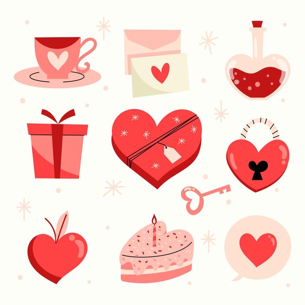 Paquete de elementos ilustrados del día de san valentín dibujados a mano
