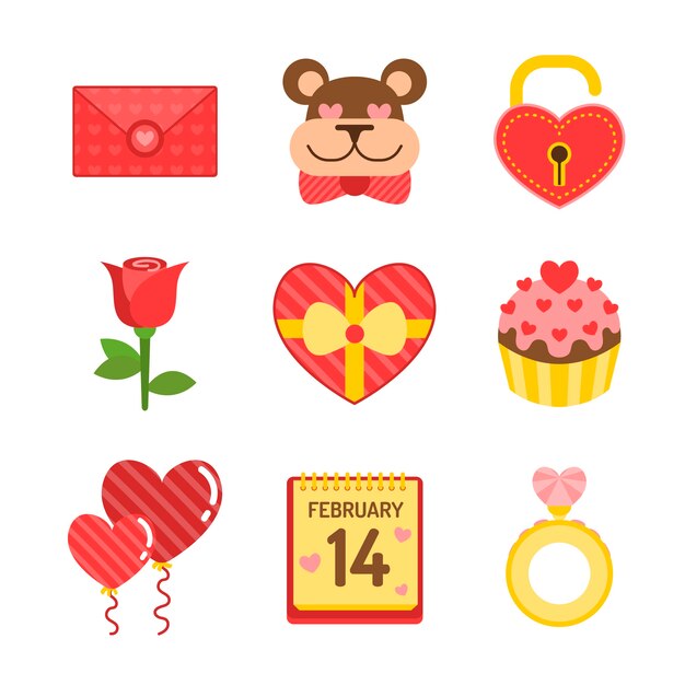 Paquete de elementos planos para el día de san valentín