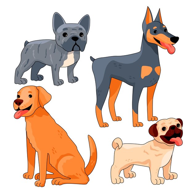 Paquete de elementos de razas de perros dibujados a mano