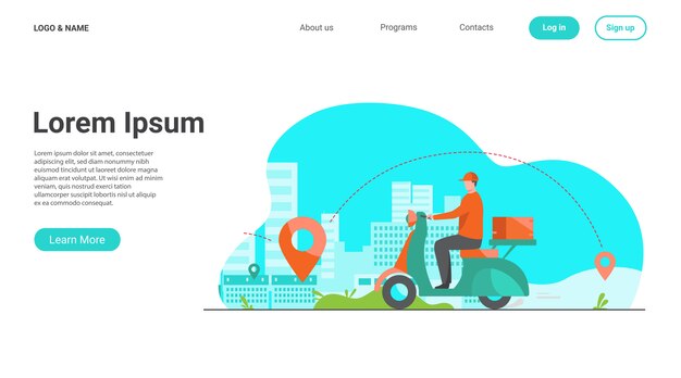 Paquete de envío de mensajería en la ilustración de vector plano ciclomotor