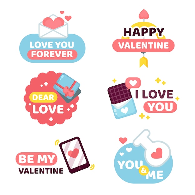 Paquete de etiquetas de San Valentín en diseño plano