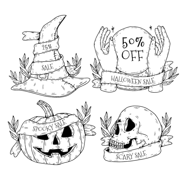 Paquete de etiquetas de venta de halloween dibujadas a mano