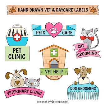 Paquete de etiquetas de veterinario dibujadas a mano
