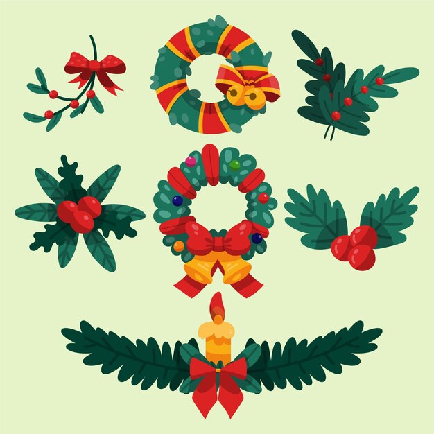 Paquete de flores y guirnaldas navideñas dibujadas a mano