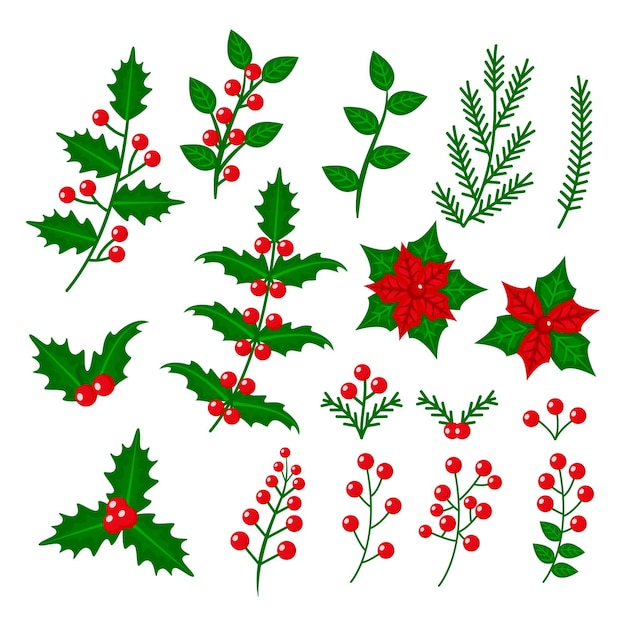 Paquete de flores y guirnaldas navideñas de diseño plano