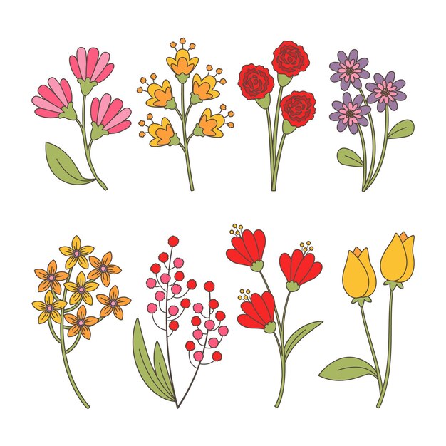 Paquete de flores de primavera dibujadas a mano