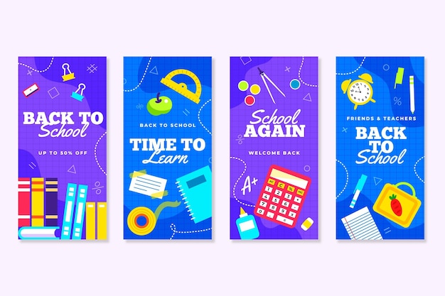 Paquete de historias de instagram de diseño plano de regreso a la escuela