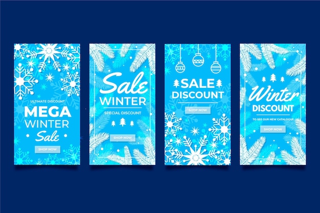 Paquete de historias de instagram de rebajas de invierno de diseño plano