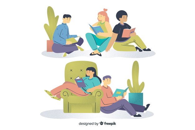 Paquete de hombres y mujeres jóvenes que pasan el fin de semana y leen