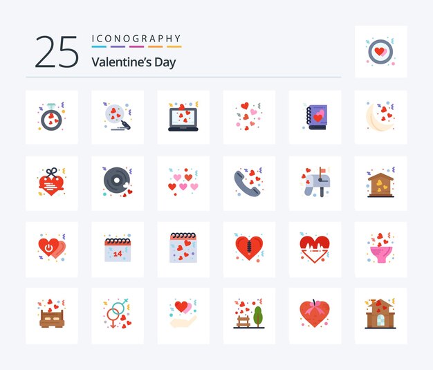 Paquete de íconos de 25 colores planos del día de San Valentín que incluye decoración de San Valentín para computadora portátil de boda amorosa