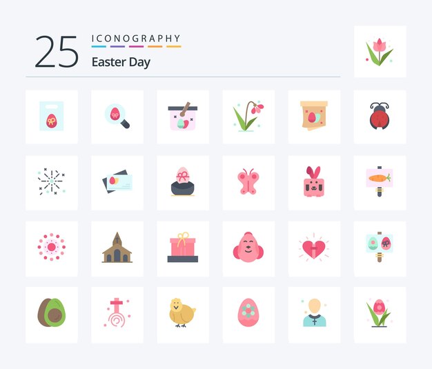 Vector gratuito paquete de íconos de 25 colores planos de pascua que incluye decoración de plantas de canasta de tulipanes de regalo