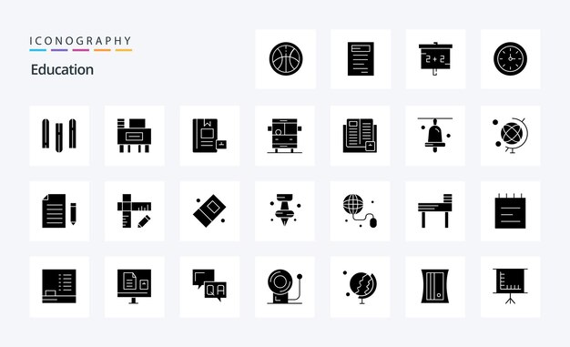Paquete de iconos de 25 glifos sólidos de educación