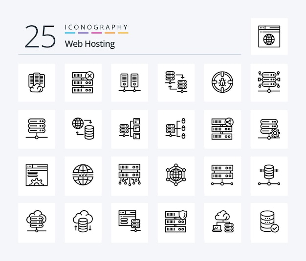 Paquete de iconos de 25 líneas de alojamiento web que incluye servidor compartido servidor de alojamiento servidor servidor