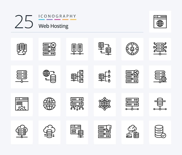 Vector gratuito paquete de iconos de 25 líneas de alojamiento web que incluye servidor compartido servidor de alojamiento servidor servidor