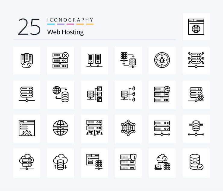 Vector gratuito paquete de iconos de 25 líneas de alojamiento web que incluye servidor compartido servidor de alojamiento servidor servidor