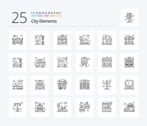 Paquete de íconos de 25 líneas de City Elements que incluye estacionamiento en el hogar de la casa de café de la casa de la luna