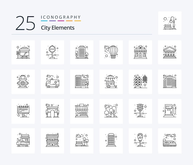 Paquete de íconos de 25 líneas de City Elements que incluye tienda, restaurante, ciudad, hotel, globo