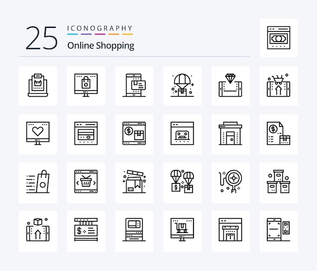 Paquete de íconos de 25 líneas de compras en línea que incluye pago de compras en la tienda de globos logísticos