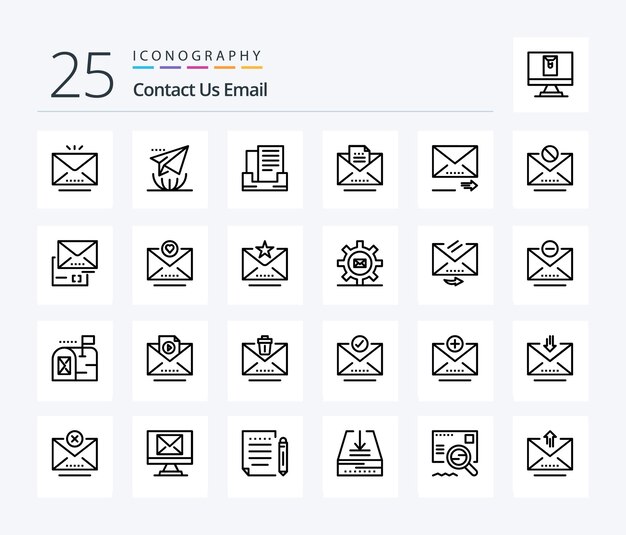 Paquete de íconos de 25 líneas de correo electrónico que incluye borrador de carta de correo electrónico de navegación