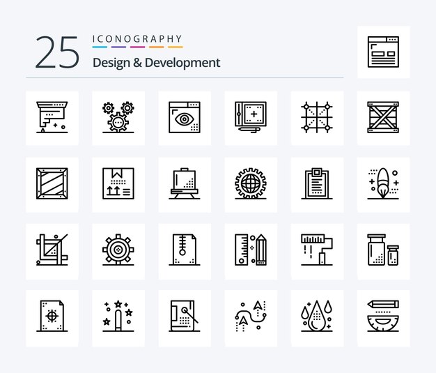 Paquete de iconos de 25 líneas de desarrollo de diseño que incluye desarrollo de programación de ideas de codificación de desarrollo
