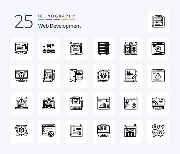 Paquete de iconos de 25 líneas de desarrollo web que incluye datos de servidor html de almacenamiento de desarrollo